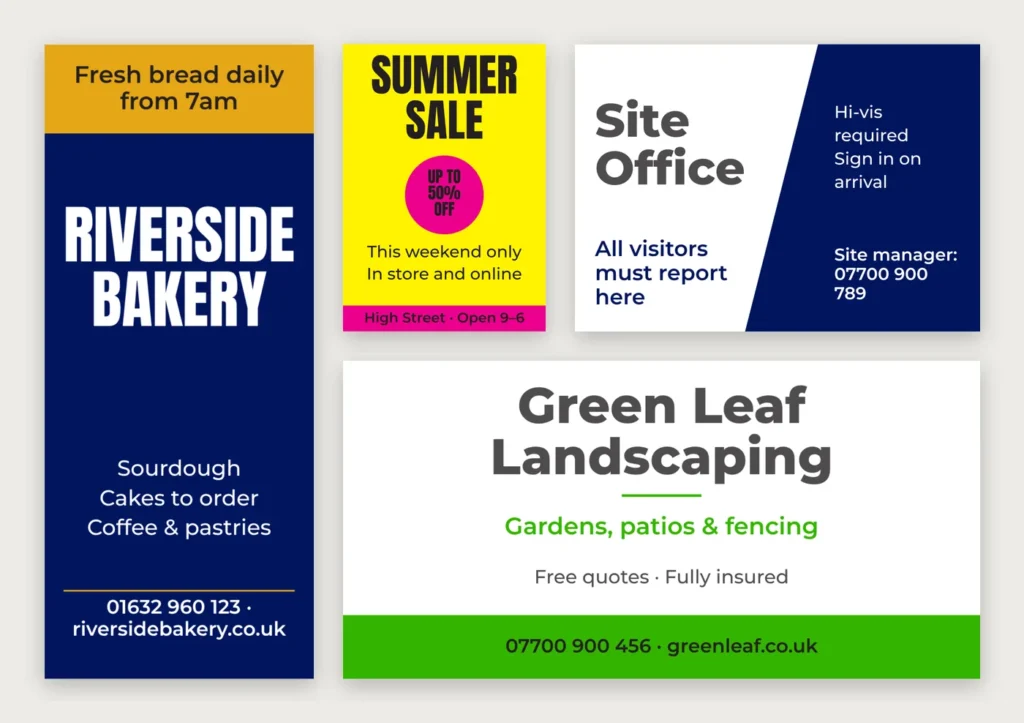 Example designs made in the free Design Studio: a roller banner, a sale poster, a Correx sign and a vinyl banner